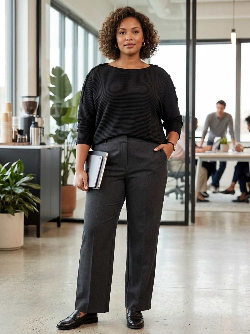New York Laundry Black Ribbed Button-Shoulder Top